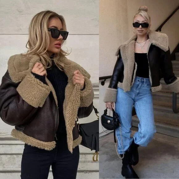 Zara Double Faced Jacket ZW Collection Sherpa Faux Fur Dark Brown Biker Size S - Picture 2 of 16